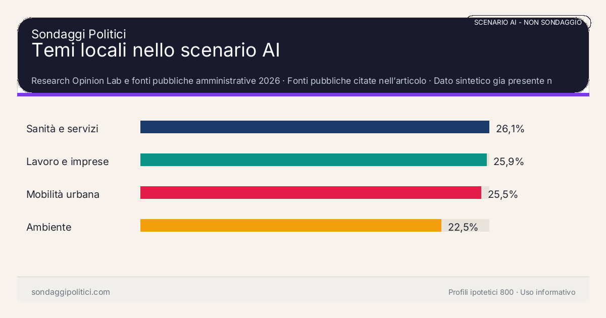 NON È UN SONDAGGIO Research Opinion Lab e fonti pubbliche amministrative 2026 Dato sintetico gia presente nell’articolo, da leggere con il disclaimer dello scenario.: Temi locali nello scenario AI. Risultati: Sanità e servizi 26,1%, Lavoro e imprese 25,9%, Mobilità urbana 25,5%. Scenario AI non demoscopico: non misura intenzioni di voto e non e una previsione elettorale.