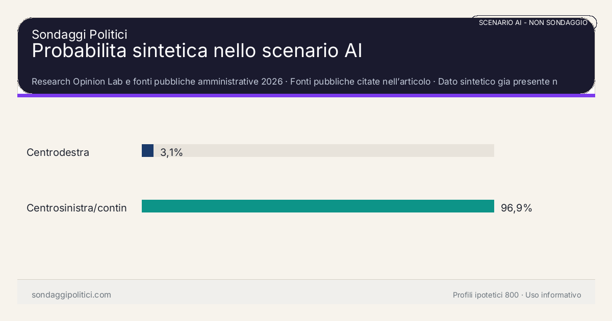 NON È UN SONDAGGIO Research Opinion Lab e fonti pubbliche amministrative 2026 Dato sintetico gia presente nell’articolo, da leggere con il disclaimer dello scenario.: Probabilita sintetica nello scenario AI. Risultati: Centrodestra 3,1%, Centrosinistra/continuità 96,9%. Scenario AI non demoscopico: non misura intenzioni di voto e non e una previsione elettorale.