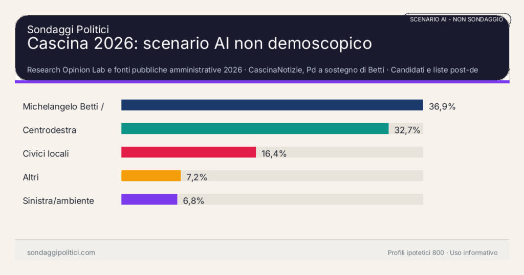 NON È UN SONDAGGIO Research Opinion Lab e fonti pubbliche amministrative 2026 Candidati e liste post-deposito: Cascina 2026: scenario AI non demoscopico. Risultati: Michelangelo Betti / centrosinistra uscente 36,9%, Centrodestra 32,7%, Civici locali 16,4%. Scenario AI non demoscopico: non è un sondaggio, non misura intenzioni di voto e non costituisce pronostico.
