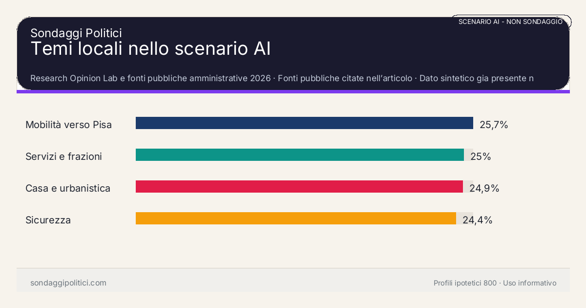 NON È UN SONDAGGIO Research Opinion Lab e fonti pubbliche amministrative 2026 Dato sintetico gia presente nell’articolo, da leggere con il disclaimer dello scenario.: Temi locali nello scenario AI. Risultati: Mobilità verso Pisa 25,7%, Servizi e frazioni 25%, Casa e urbanistica 24,9%. Scenario AI non demoscopico: non misura intenzioni di voto e non e una previsione elettorale.