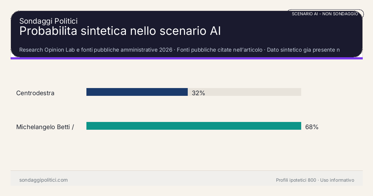 NON È UN SONDAGGIO Research Opinion Lab e fonti pubbliche amministrative 2026 Dato sintetico gia presente nell’articolo, da leggere con il disclaimer dello scenario.: Probabilita sintetica nello scenario AI. Risultati: Centrodestra 32%, Michelangelo Betti / centrosinistra uscente 68%. Scenario AI non demoscopico: non misura intenzioni di voto e non e una previsione elettorale.