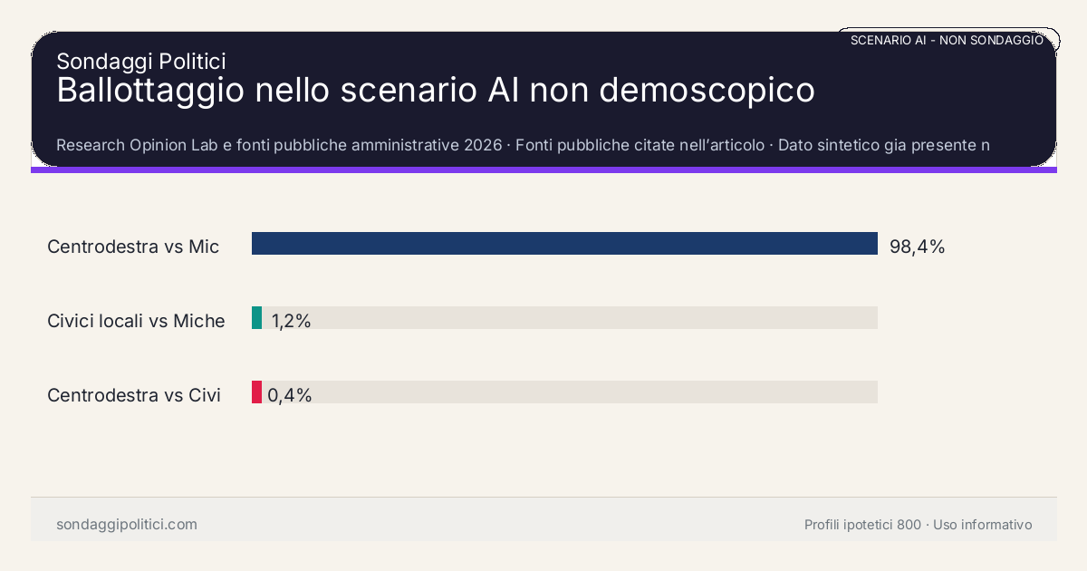 NON È UN SONDAGGIO Research Opinion Lab e fonti pubbliche amministrative 2026 Dato sintetico gia presente nell’articolo, da leggere con il disclaimer dello scenario.: Ballottaggio nello scenario AI non demoscopico. Risultati: Centrodestra vs Michelangelo Betti / centrosi... 98,4%, Civici locali vs Michelangelo Betti / centros... 1,2%, Centrodestra vs Civici locali 0,4%. Scenario AI non demoscopico: non misura intenzioni di voto e non e una previsione elettorale.