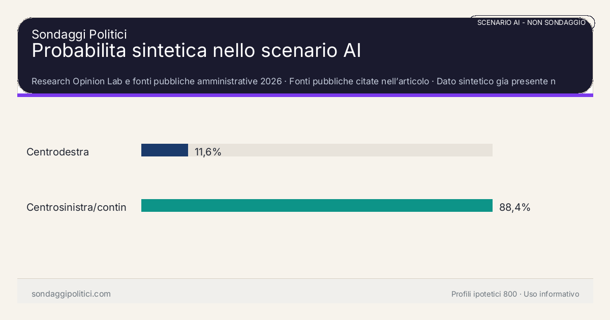 NON È UN SONDAGGIO Research Opinion Lab e fonti pubbliche amministrative 2026 Dato sintetico gia presente nell’articolo, da leggere con il disclaimer dello scenario.: Probabilita sintetica nello scenario AI. Risultati: Centrodestra 11,6%, Centrosinistra/continuità 88,4%. Scenario AI non demoscopico: non misura intenzioni di voto e non e una previsione elettorale.