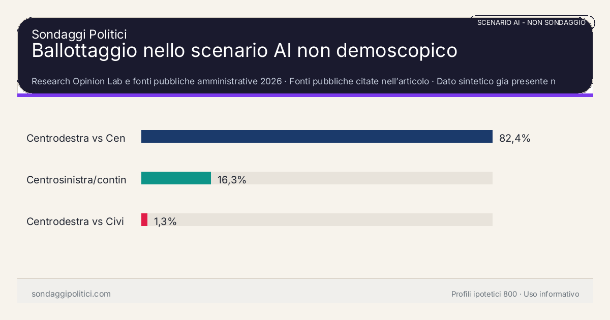 NON È UN SONDAGGIO Research Opinion Lab e fonti pubbliche amministrative 2026 Dato sintetico gia presente nell’articolo, da leggere con il disclaimer dello scenario.: Ballottaggio nello scenario AI non demoscopico. Risultati: Centrodestra vs Centrosinistra/continuità 82,4%, Centrosinistra/continuità vs Civici frazioni 16,3%, Centrodestra vs Civici frazioni 1,3%. Scenario AI non demoscopico: non misura intenzioni di voto e non e una previsione elettorale.