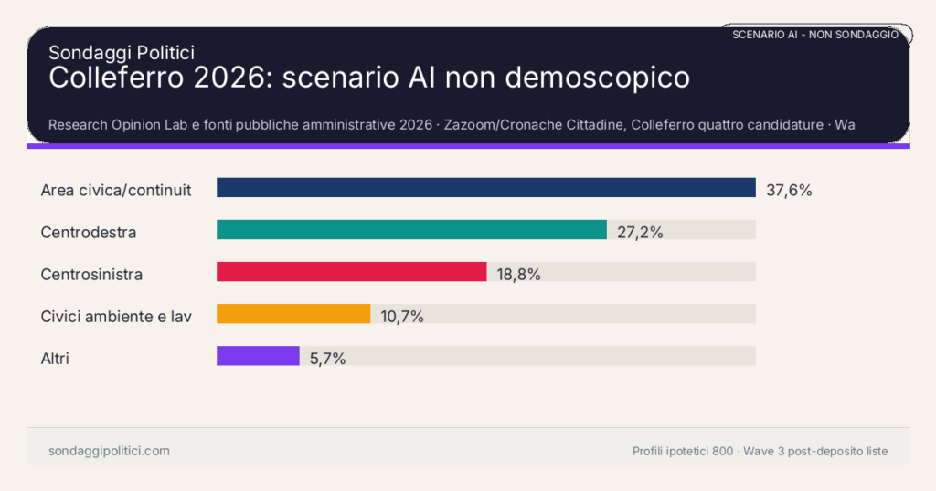 NON È UN SONDAGGIO Research Opinion Lab e fonti pubbliche amministrative 2026 Wave 3 post-deposito liste: Colleferro 2026: scenario AI non demoscopico. Risultati: Area civica/continuità 37,6%, Centrodestra 27,2%, Centrosinistra 18,8%. Scenario AI non demoscopico: non è un sondaggio, non misura intenzioni di voto e non costituisce pronostico.