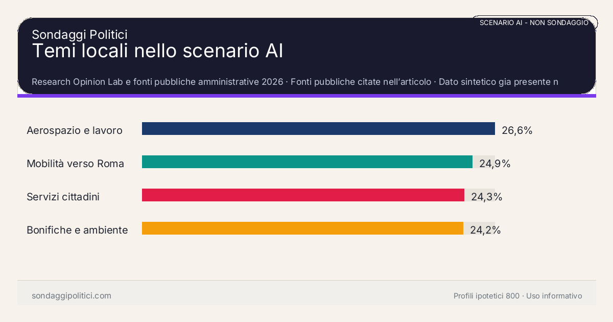NON È UN SONDAGGIO Research Opinion Lab e fonti pubbliche amministrative 2026 Dato sintetico gia presente nell’articolo, da leggere con il disclaimer dello scenario.: Temi locali nello scenario AI. Risultati: Aerospazio e lavoro 26,6%, Mobilità verso Roma 24,9%, Servizi cittadini 24,3%. Scenario AI non demoscopico: non misura intenzioni di voto e non e una previsione elettorale.