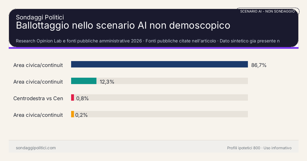 NON È UN SONDAGGIO Research Opinion Lab e fonti pubbliche amministrative 2026 Dato sintetico gia presente nell’articolo, da leggere con il disclaimer dello scenario.: Ballottaggio nello scenario AI non demoscopico. Risultati: Area civica/continuità vs Centrodestra 86,7%, Area civica/continuità vs Centrosinistra 12,3%, Centrodestra vs Centrosinistra 0,8%. Scenario AI non demoscopico: non misura intenzioni di voto e non e una previsione elettorale.