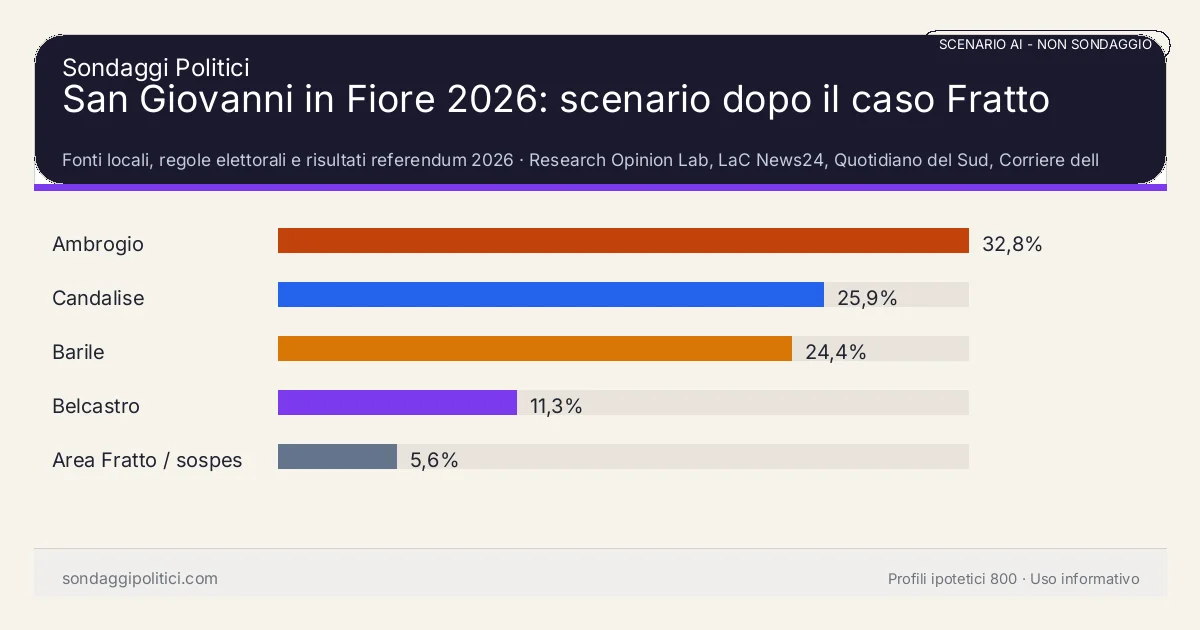 NON È UN SONDAGGIO Fonti locali, regole elettorali e risultati referendum 2026 Fratto fuori salvo TAR, Ambrogio resta primo ma scende: San Giovanni in Fiore 2026: scenario dopo il caso Fratto. Risultati: Ambrogio 32,8%, Candalise 25,9%, Barile 24,4%. Simulazione AI locale; nessun campione umano intervistato.
