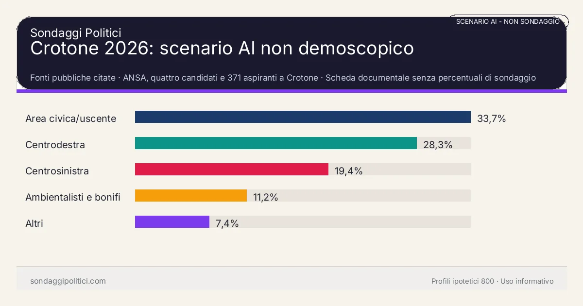 NON È UN SONDAGGIO Fonti pubbliche citate Scheda documentale senza percentuali di sondaggio.: Crotone 2026: scenario AI non demoscopico. Risultati: Area civica/uscente 33,7%, Centrodestra 28,3%, Centrosinistra 19,4%. Scenario AI non demoscopico: percentuali sintetiche, non sondaggio reale e non previsione elettorale.