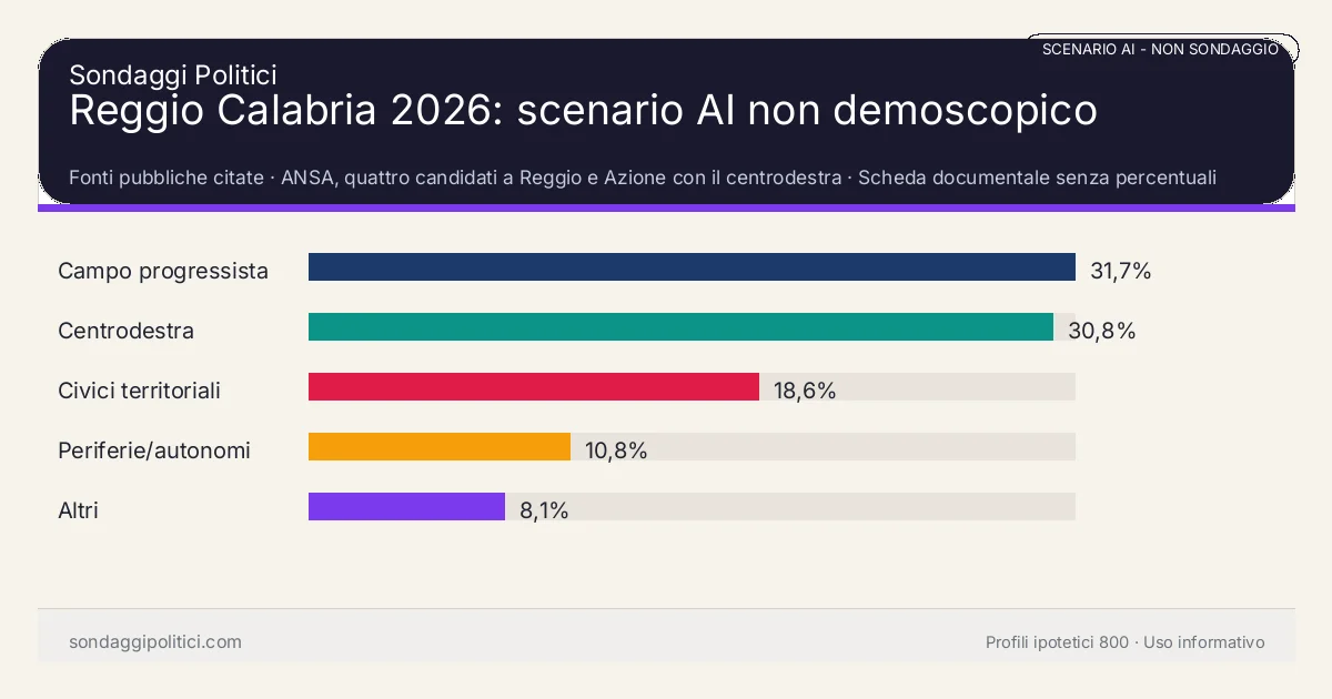 NON È UN SONDAGGIO Fonti pubbliche citate Scheda documentale senza percentuali di sondaggio.: Reggio Calabria 2026: scenario AI non demoscopico. Risultati: Campo progressista 31,7%, Centrodestra 30,8%, Civici territoriali 18,6%. Scenario AI non demoscopico: percentuali sintetiche, non sondaggio reale e non previsione elettorale.