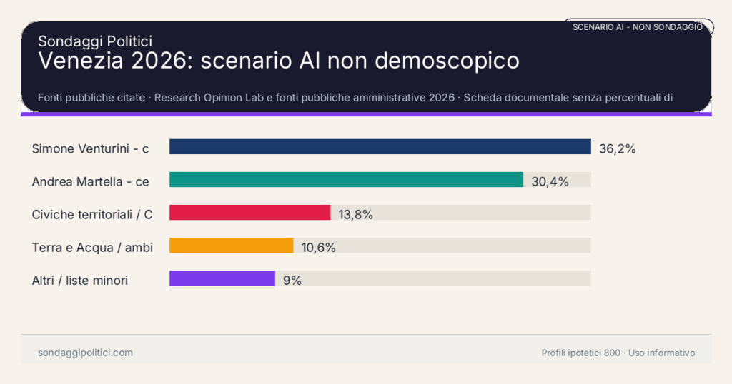 NON È UN SONDAGGIO Fonti pubbliche citate Scheda documentale senza percentuali di sondaggio.: Venezia 2026: scenario AI non demoscopico. Risultati: Simone Venturini - centrodestra 36,2%, Andrea Martella - centrosinistra 30,4%, Civiche territoriali / Città Vive 13,8%. Scenario AI non demoscopico: percentuali sintetiche, non sondaggio reale e non previsione elettorale.