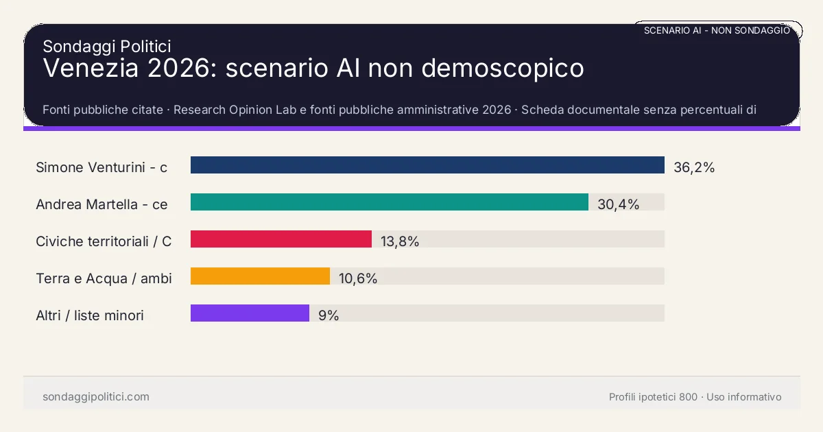 NON È UN SONDAGGIO Fonti pubbliche citate Scheda documentale senza percentuali di sondaggio.: Venezia 2026: scenario AI non demoscopico. Risultati: Simone Venturini - centrodestra 36,2%, Andrea Martella - centrosinistra 30,4%, Civiche territoriali / Città Vive 13,8%. Scenario AI non demoscopico: percentuali sintetiche, non sondaggio reale e non previsione elettorale.