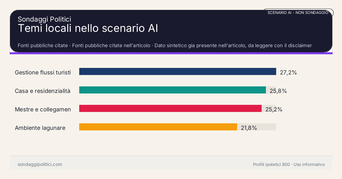 NON È UN SONDAGGIO Fonti pubbliche citate Dato sintetico gia presente nell’articolo, da leggere con il disclaimer dello scenario.: Temi locali nello scenario AI. Risultati: Gestione flussi turistici e ticket 27,2%, Casa e residenzialità 25,8%, Mestre e collegamenti 25,2%. Scenario AI non demoscopico: non misura intenzioni di voto e non e una previsione elettorale.