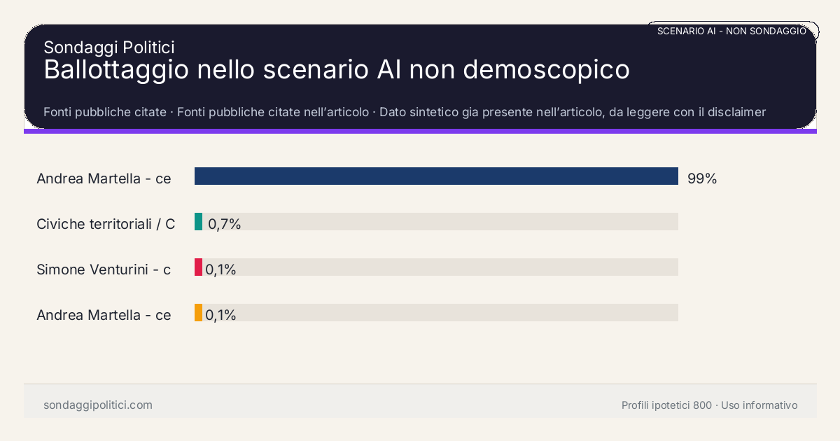 NON È UN SONDAGGIO Fonti pubbliche citate Dato sintetico gia presente nell’articolo, da leggere con il disclaimer dello scenario.: Ballottaggio nello scenario AI non demoscopico. Risultati: Andrea Martella - centrosinistra vs Simone Ve... 99%, Civiche territoriali / Città Vive vs Simone V... 0,7%, Simone Venturini - centrodestra vs Terra e Ac... 0,1%. Scenario AI non demoscopico: non misura intenzioni di voto e non e una previsione elettorale.