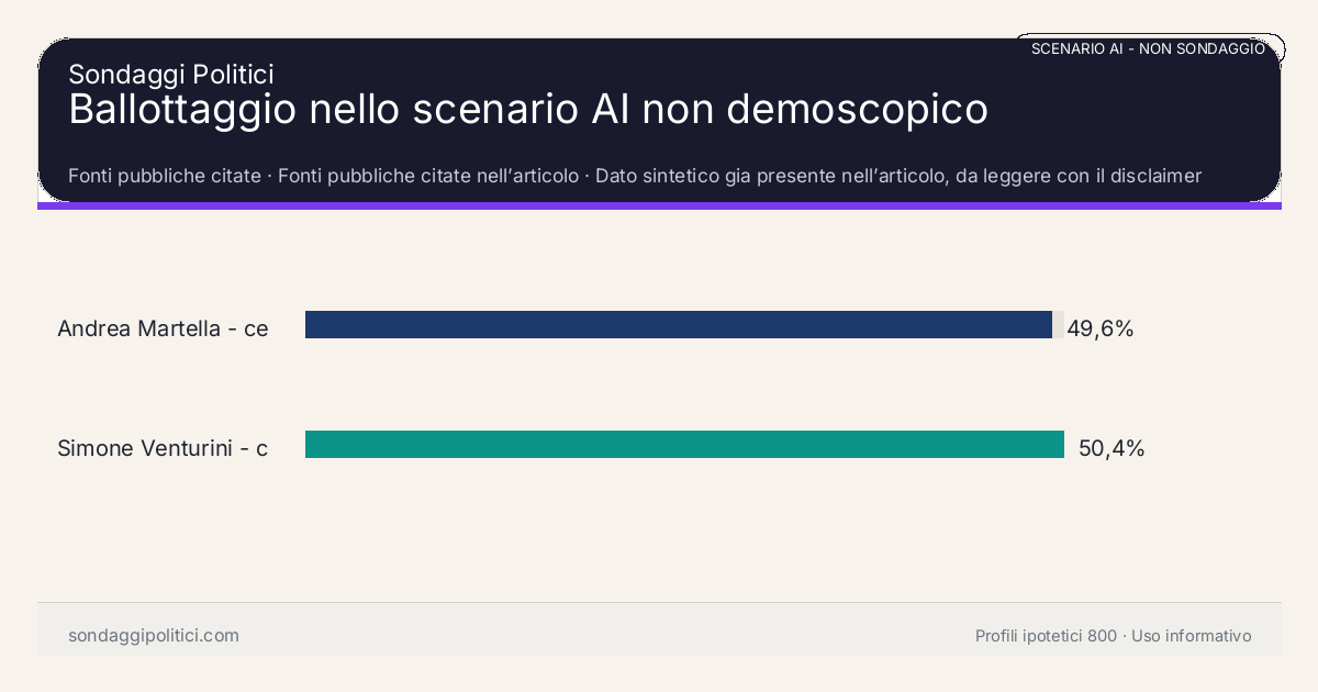 NON È UN SONDAGGIO Fonti pubbliche citate Dato sintetico gia presente nell’articolo, da leggere con il disclaimer dello scenario.: Ballottaggio nello scenario AI non demoscopico. Risultati: Andrea Martella - centrosinistra 49,6%, Simone Venturini - centrodestra 50,4%. Scenario AI non demoscopico: non misura intenzioni di voto e non e una previsione elettorale.