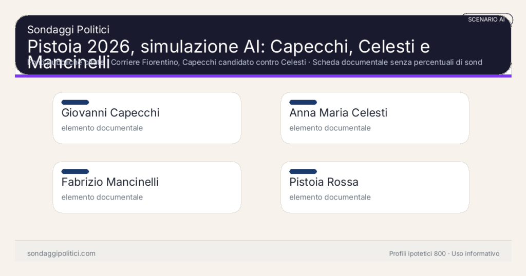 NON È UN SONDAGGIO Fonti pubbliche citate Scheda documentale senza percentuali di sondaggio.: Pistoia 2026, simulazione AI: Capecchi, Celesti e Mancinelli. Risultati: Giovanni Capecchi elemento documentale, Anna Maria Celesti elemento documentale, Fabrizio Mancinelli elemento documentale. Scenario AI non demoscopico: non è un sondaggio, non misura intenzioni di voto, non deriva da interviste o campioni rappresentativi e non è una previsione elettorale.