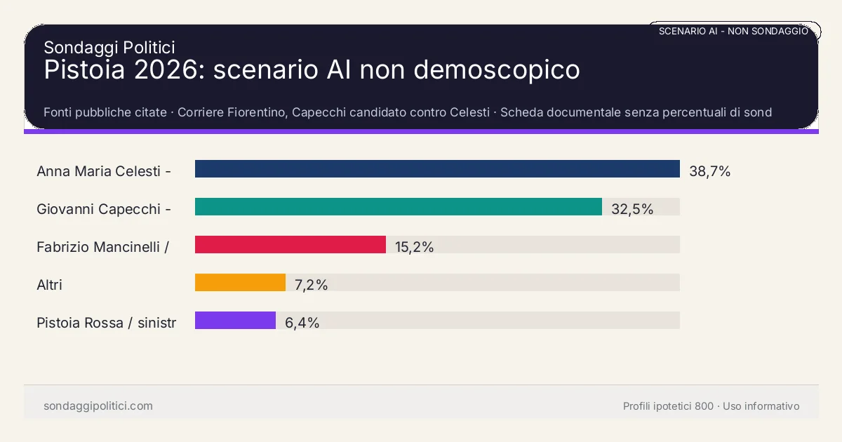 NON È UN SONDAGGIO Fonti pubbliche citate Scheda documentale senza percentuali di sondaggio.: Pistoia 2026: scenario AI non demoscopico. Risultati: Anna Maria Celesti - centrodestra 38,7%, Giovanni Capecchi - centrosinistra 32,5%, Fabrizio Mancinelli / civici 15,2%. Scenario AI non demoscopico: percentuali sintetiche, non sondaggio reale e non previsione elettorale.