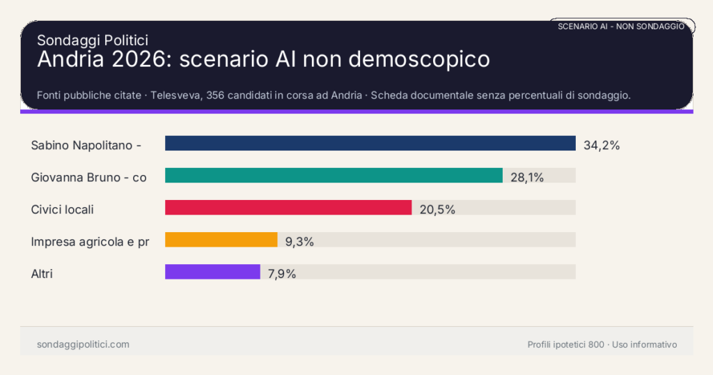NON È UN SONDAGGIO Fonti pubbliche citate Scheda documentale senza percentuali di sondaggio.: Andria 2026: scenario AI non demoscopico. Risultati: Sabino Napolitano - centrodestra 34,2%, Giovanna Bruno - coalizione uscente 28,1%, Civici locali 20,5%. Scenario AI non demoscopico: percentuali sintetiche, non sondaggio reale e non previsione elettorale.