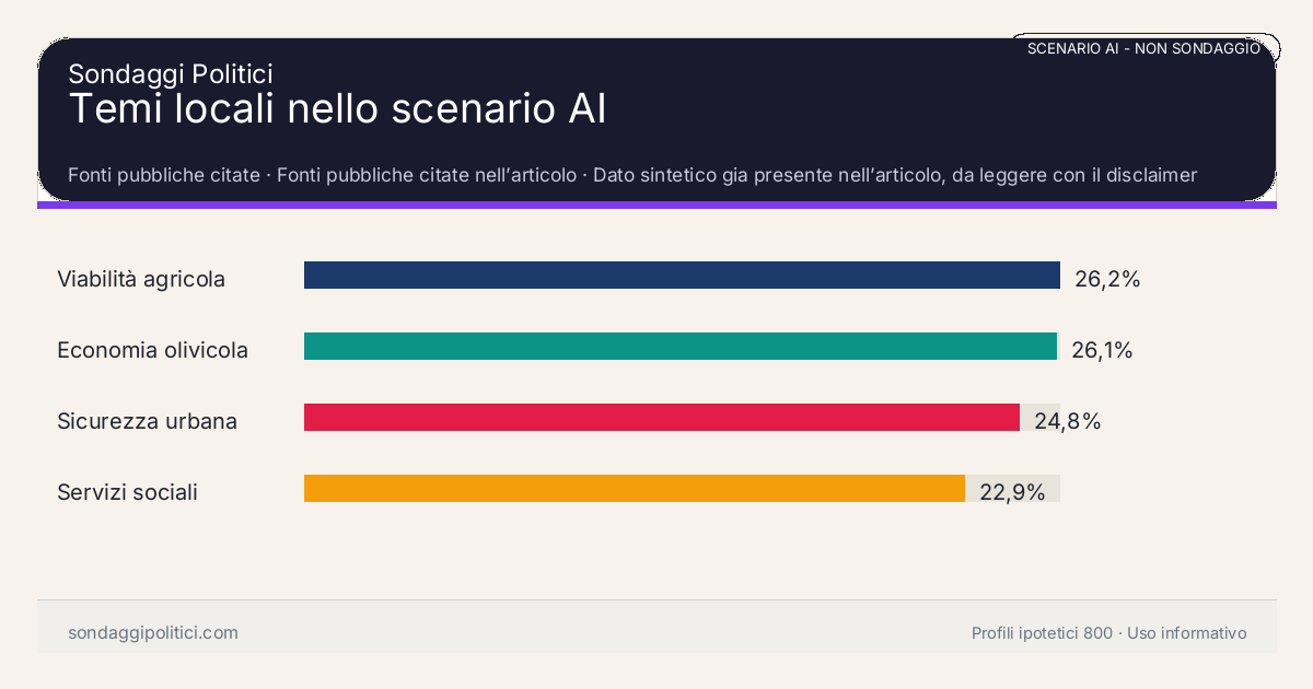 NON È UN SONDAGGIO Fonti pubbliche citate Dato sintetico gia presente nell’articolo, da leggere con il disclaimer dello scenario.: Temi locali nello scenario AI. Risultati: Viabilità agricola 26,2%, Economia olivicola 26,1%, Sicurezza urbana 24,8%. Scenario AI non demoscopico: non misura intenzioni di voto e non e una previsione elettorale.
