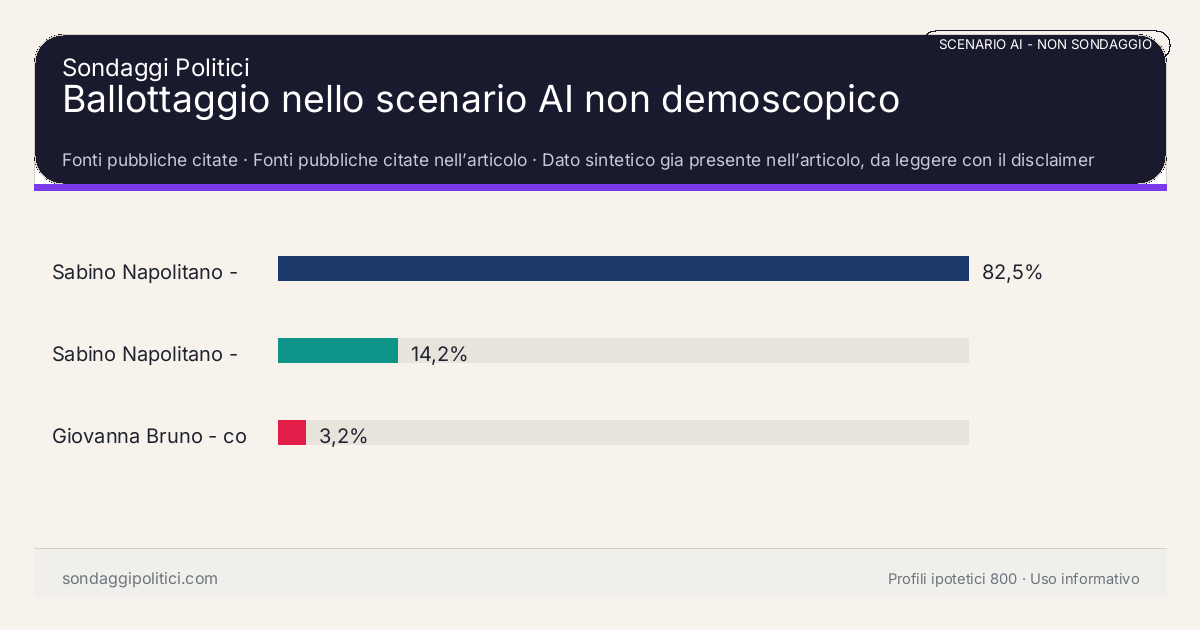 NON È UN SONDAGGIO Fonti pubbliche citate Dato sintetico gia presente nell’articolo, da leggere con il disclaimer dello scenario.: Ballottaggio nello scenario AI non demoscopico. Risultati: Sabino Napolitano - centrodestra vs Giovanna ... 82,5%, Sabino Napolitano - centrodestra vs Civici lo... 14,2%, Giovanna Bruno - coalizione uscente vs Civici... 3,2%. Scenario AI non demoscopico: non misura intenzioni di voto e non e una previsione elettorale.