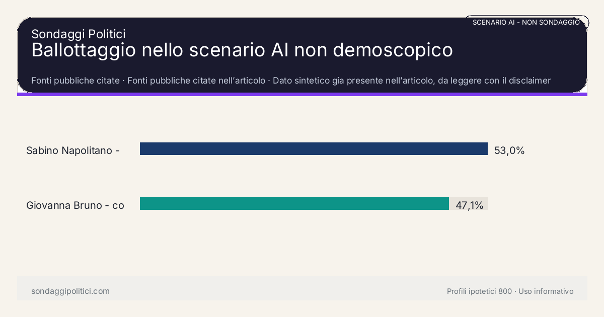 NON È UN SONDAGGIO Fonti pubbliche citate Dato sintetico gia presente nell’articolo, da leggere con il disclaimer dello scenario.: Ballottaggio nello scenario AI non demoscopico. Risultati: Sabino Napolitano - centrodestra 53,0%, Giovanna Bruno - coalizione uscente 47,1%. Scenario AI non demoscopico: non misura intenzioni di voto e non e una previsione elettorale.