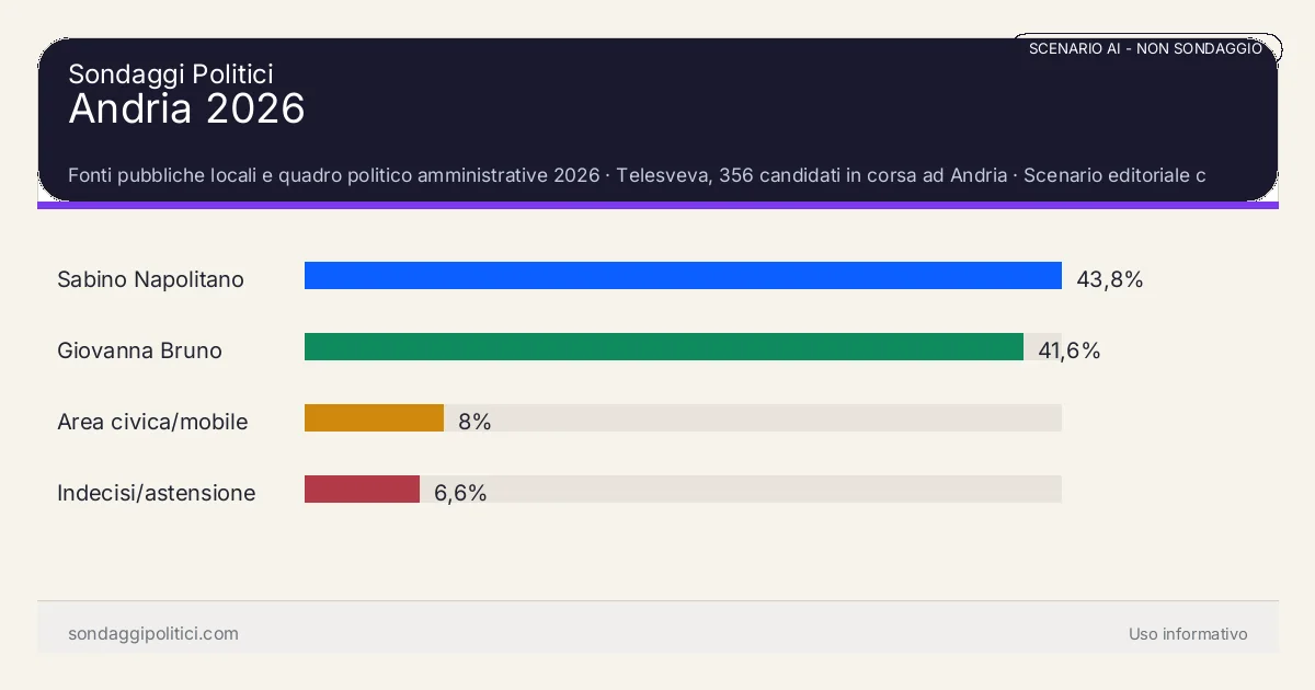 NON È UN SONDAGGIO Fonti pubbliche locali e quadro politico amministrative 2026 Scenario editoriale calibrato su fonti pubbliche; valori non demoscopici.: Andria 2026. Risultati: Sabino Napolitano 43,8%, Giovanna Bruno 41,6%, Area civica/mobile 8%. Simulazione AI dichiarata o analisi editoriale: nessun campione reale intervistato.