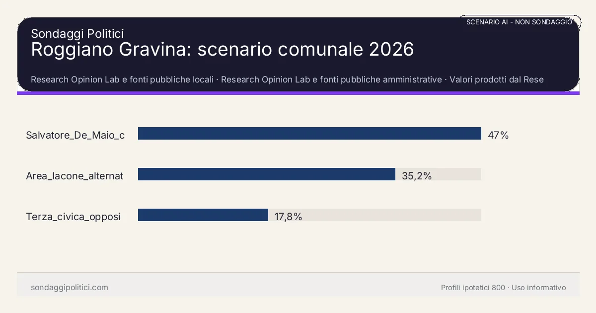 NON È UN SONDAGGIO Research Opinion Lab e fonti pubbliche locali Valori prodotti dal Research Opinion Lab e da leggere come scenario editoriale.: Roggiano Gravina: scenario comunale 2026. Risultati: Salvatore_De_Maio_continuita_civica_allargata 47%, Area_Iacone_alternativa_moderata_civica 35,2%, Terza_civica_opposizione_diffusa 17,8%. Scenario AI non demoscopico: non è un sondaggio, non misura intenzioni di voto, non deriva da interviste o campioni rappresentativi e non è una previsione elettorale.