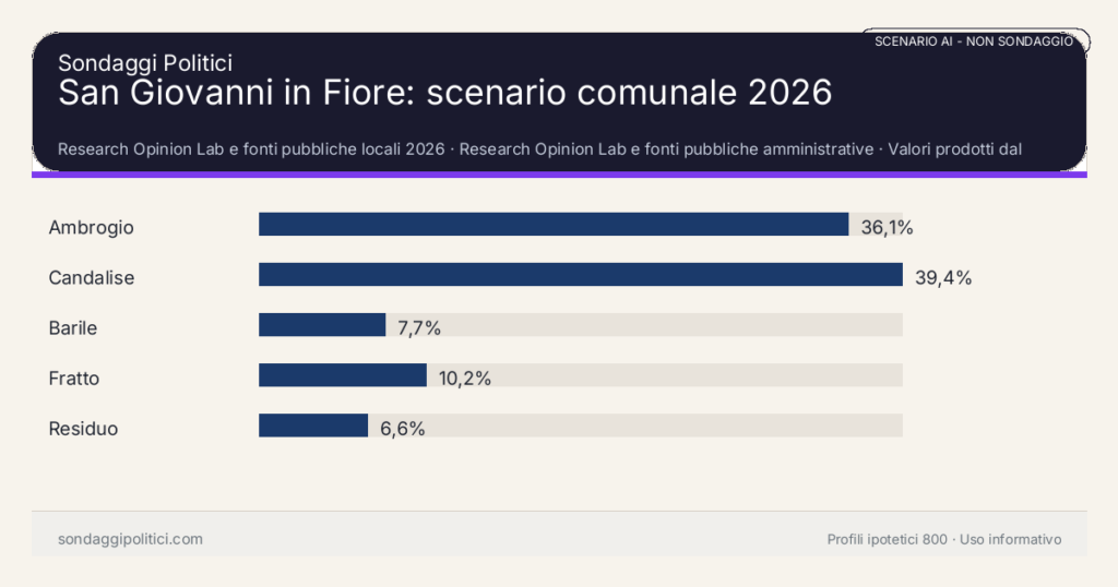 NON È UN SONDAGGIO Research Opinion Lab e fonti pubbliche locali 2026 Valori prodotti dal Research Opinion Lab e da leggere come scenario editoriale.: San Giovanni in Fiore: scenario comunale 2026. Risultati: Ambrogio 36,1%, Candalise 39,4%, Barile 7,7%. Scenario AI non demoscopico: non è un sondaggio, non misura intenzioni di voto, non deriva da interviste o campioni rappresentativi e non è una previsione elettorale.