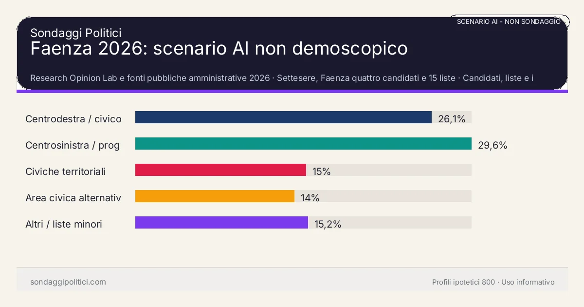 NON È UN SONDAGGIO Research Opinion Lab e fonti pubbliche amministrative 2026 Candidati, liste e impatto editoriale: Faenza 2026: scenario AI non demoscopico. Risultati: Centrodestra / civico moderato 26,1%, Centrosinistra / progressista 29,6%, Civiche territoriali 15%. Scenario AI non demoscopico: non è un sondaggio, non misura intenzioni di voto e non costituisce pronostico.