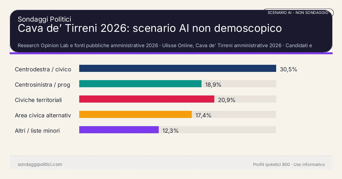 NON È UN SONDAGGIO Research Opinion Lab e fonti pubbliche amministrative 2026 Candidati e liste post-deposito: Cava de’ Tirreni 2026: scenario AI non demoscopico. Risultati: Centrodestra / civico moderato 30,5%, Centrosinistra / progressista 18,9%, Civiche territoriali 20,9%. Scenario AI non demoscopico: non è un sondaggio, non misura intenzioni di voto e non costituisce pronostico.