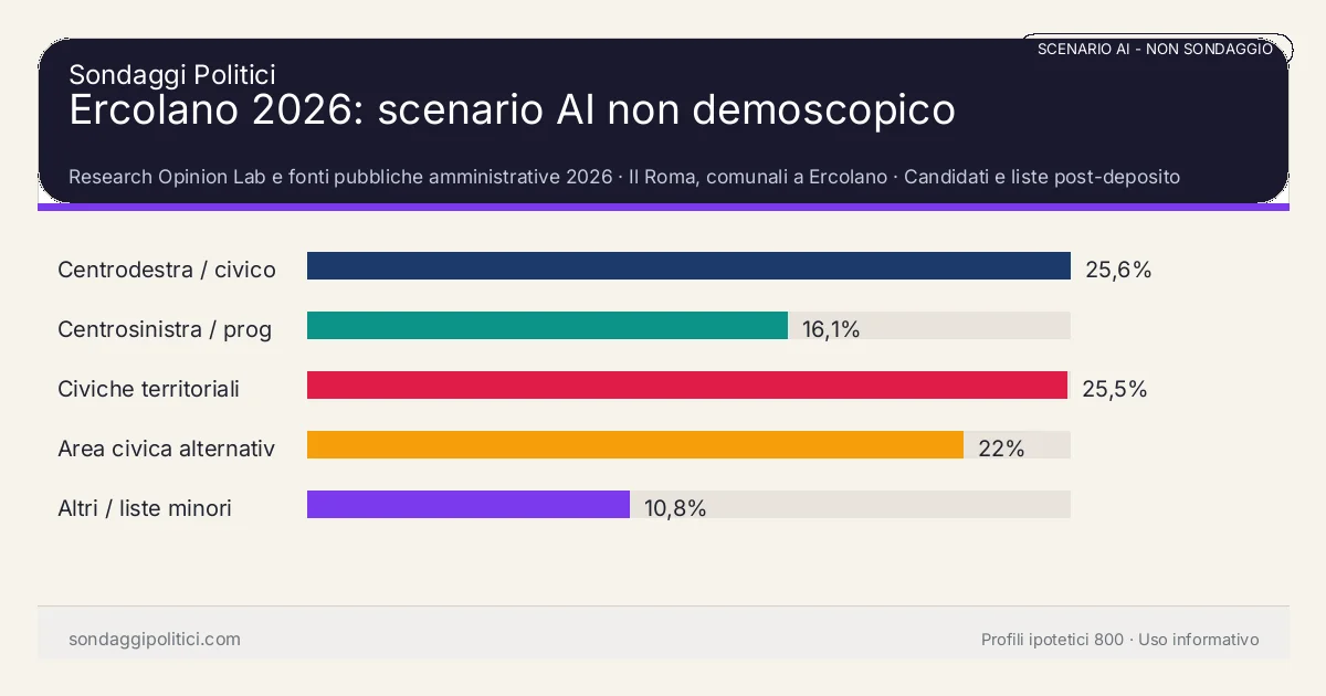 NON È UN SONDAGGIO Research Opinion Lab e fonti pubbliche amministrative 2026 Candidati e liste post-deposito: Ercolano 2026: scenario AI non demoscopico. Risultati: Centrodestra / civico moderato 25,6%, Centrosinistra / progressista 16,1%, Civiche territoriali 25,5%. Scenario AI non demoscopico: non è un sondaggio, non misura intenzioni di voto e non costituisce pronostico.