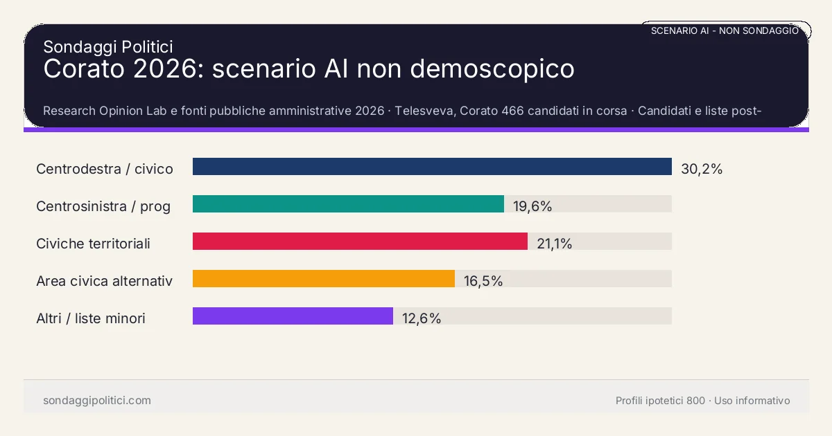 NON È UN SONDAGGIO Research Opinion Lab e fonti pubbliche amministrative 2026 Candidati e liste post-deposito: Corato 2026: scenario AI non demoscopico. Risultati: Centrodestra / civico moderato 30,2%, Centrosinistra / progressista 19,6%, Civiche territoriali 21,1%. Scenario AI non demoscopico: non è un sondaggio, non misura intenzioni di voto e non costituisce pronostico.