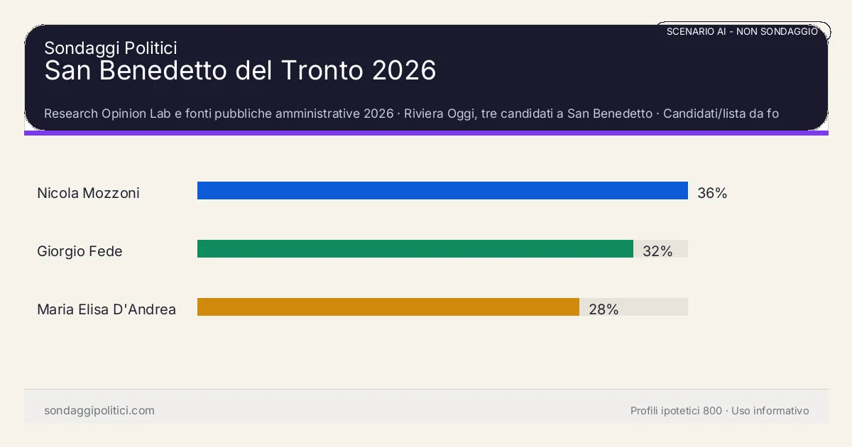NON È UN SONDAGGIO Research Opinion Lab e fonti pubbliche amministrative 2026 Candidati/lista da fonti aggiornate; valori grafici editoriali, non demoscopici.: San Benedetto del Tronto 2026. Risultati: Nicola Mozzoni 36%, Giorgio Fede 32%, Maria Elisa D'Andrea 28%. Scenario AI non demoscopico dichiarata o aggiornamento editoriale: nessun campione reale intervistato.