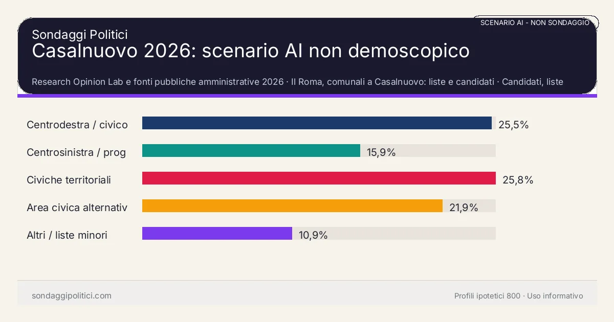 NON È UN SONDAGGIO Research Opinion Lab e fonti pubbliche amministrative 2026 Candidati, liste e impatto editoriale: Casalnuovo 2026: scenario AI non demoscopico. Risultati: Centrodestra / civico moderato 25,5%, Centrosinistra / progressista 15,9%, Civiche territoriali 25,8%. Scenario AI non demoscopico: non è un sondaggio, non misura intenzioni di voto e non costituisce pronostico.