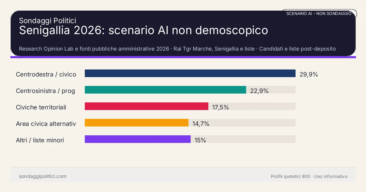 NON È UN SONDAGGIO Research Opinion Lab e fonti pubbliche amministrative 2026 Candidati e liste post-deposito: Senigallia 2026: scenario AI non demoscopico. Risultati: Centrodestra / civico moderato 29,9%, Centrosinistra / progressista 22,9%, Civiche territoriali 17,5%. Scenario AI non demoscopico: non è un sondaggio, non misura intenzioni di voto e non costituisce pronostico.