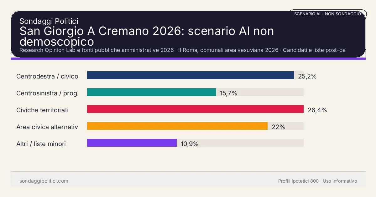 NON È UN SONDAGGIO Research Opinion Lab e fonti pubbliche amministrative 2026 Candidati e liste post-deposito: San Giorgio A Cremano 2026: scenario AI non demoscopico. Risultati: Centrodestra / civico moderato 25,2%, Centrosinistra / progressista 15,7%, Civiche territoriali 26,4%. Scenario AI non demoscopico: non è un sondaggio, non misura intenzioni di voto e non costituisce pronostico.
