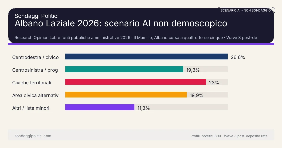 NON È UN SONDAGGIO Research Opinion Lab e fonti pubbliche amministrative 2026 Wave 3 post-deposito liste: Albano Laziale 2026: scenario AI non demoscopico. Risultati: Centrodestra / civico moderato 26,6%, Centrosinistra / progressista 19,3%, Civiche territoriali 23%. Scenario AI non demoscopico: non è un sondaggio, non misura intenzioni di voto e non costituisce pronostico.