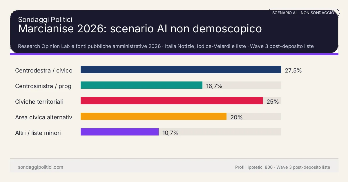 NON È UN SONDAGGIO Research Opinion Lab e fonti pubbliche amministrative 2026 Wave 3 post-deposito liste: Marcianise 2026: scenario AI non demoscopico. Risultati: Centrodestra / civico moderato 27,5%, Centrosinistra / progressista 16,7%, Civiche territoriali 25%. Scenario AI non demoscopico: non è un sondaggio, non misura intenzioni di voto e non costituisce pronostico.