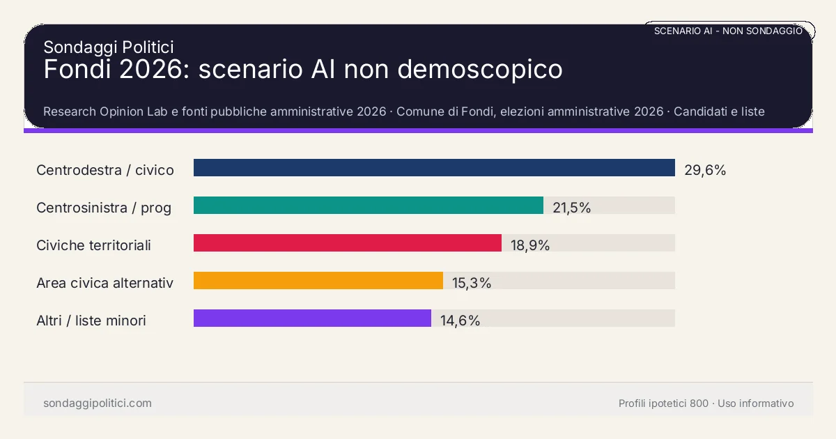 NON È UN SONDAGGIO Research Opinion Lab e fonti pubbliche amministrative 2026 Candidati e liste post-deposito: Fondi 2026: scenario AI non demoscopico. Risultati: Centrodestra / civico moderato 29,6%, Centrosinistra / progressista 21,5%, Civiche territoriali 18,9%. Scenario AI non demoscopico: non è un sondaggio, non misura intenzioni di voto e non costituisce pronostico.