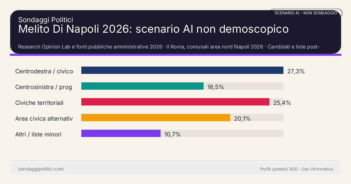 NON È UN SONDAGGIO Research Opinion Lab e fonti pubbliche amministrative 2026 Candidati e liste post-deposito: Melito Di Napoli 2026: scenario AI non demoscopico. Risultati: Centrodestra / civico moderato 27,3%, Centrosinistra / progressista 16,5%, Civiche territoriali 25,4%. Scenario AI non demoscopico: non è un sondaggio, non misura intenzioni di voto e non costituisce pronostico.