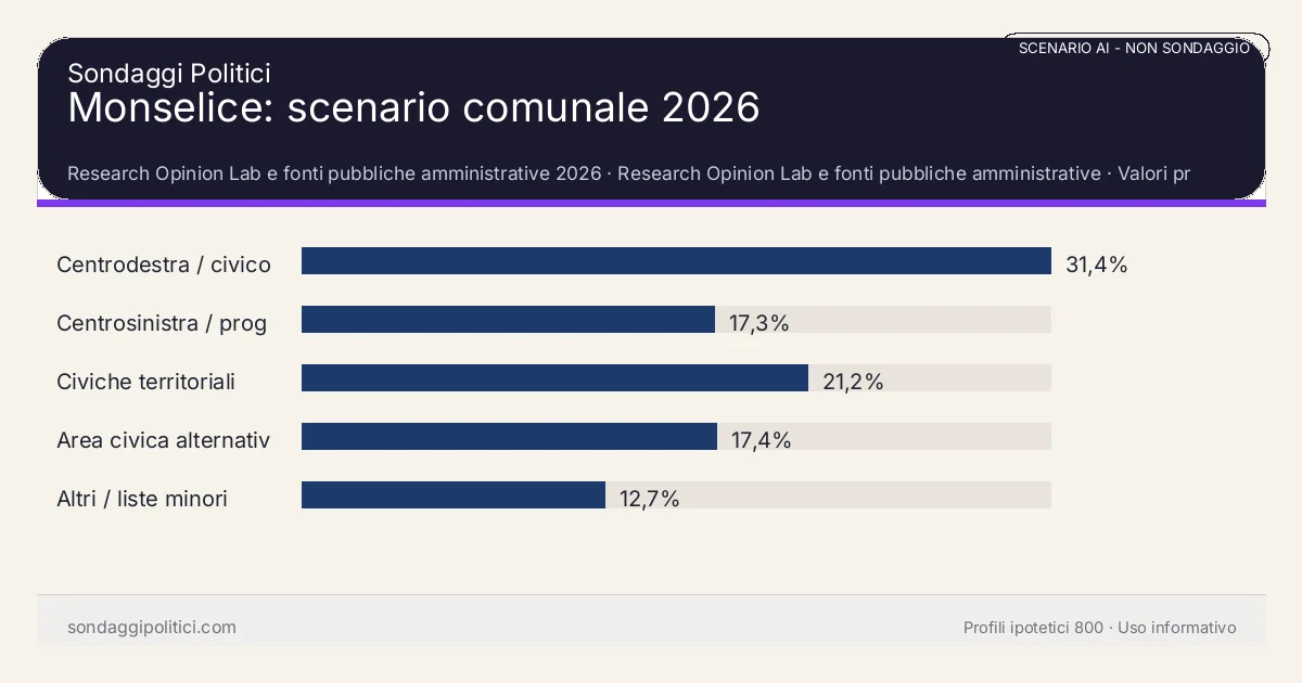 NON È UN SONDAGGIO Research Opinion Lab e fonti pubbliche amministrative 2026 Valori prodotti dal Research Opinion Lab e da leggere come scenario editoriale.: Monselice: scenario comunale 2026. Risultati: Centrodestra / civico moderato 31,4%, Centrosinistra / progressista 17,3%, Civiche territoriali 21,2%. Scenario AI non demoscopico: non è un sondaggio, non misura intenzioni di voto, non deriva da interviste o campioni rappresentativi e non è una previsione elettorale.