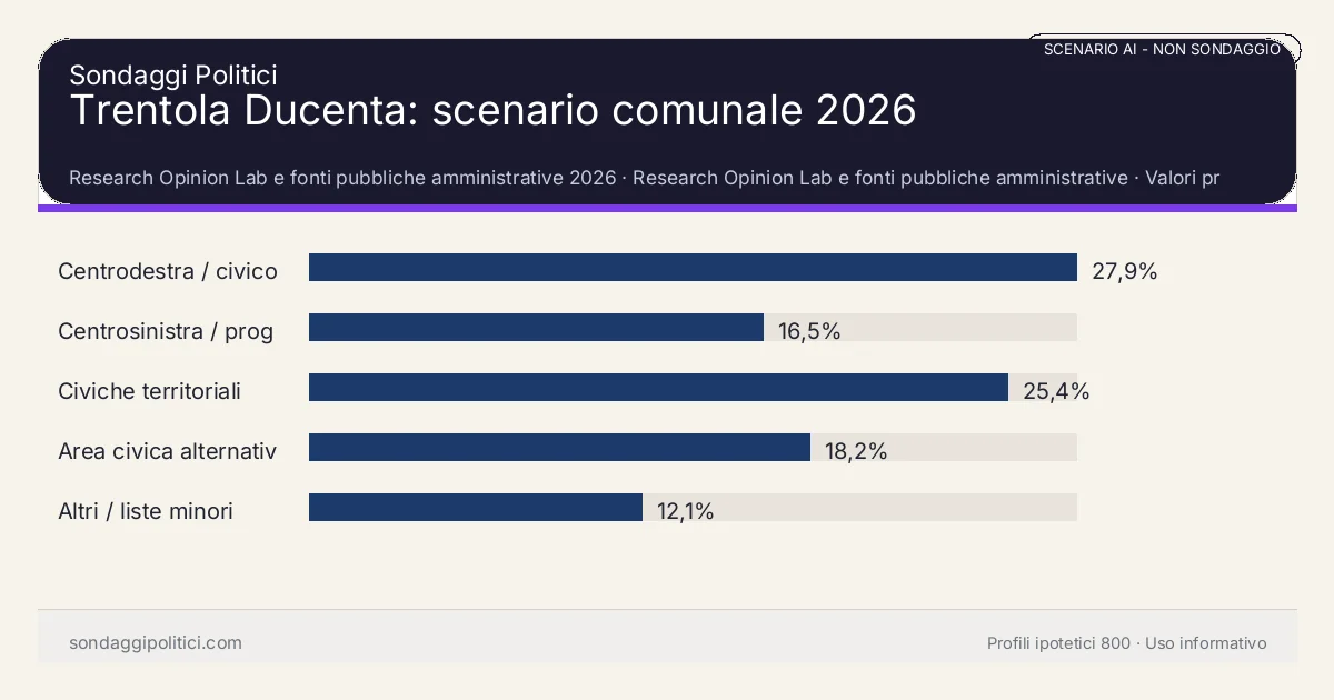 NON È UN SONDAGGIO Research Opinion Lab e fonti pubbliche amministrative 2026 Valori prodotti dal Research Opinion Lab e da leggere come scenario editoriale.: Trentola Ducenta: scenario comunale 2026. Risultati: Centrodestra / civico moderato 27,9%, Centrosinistra / progressista 16,5%, Civiche territoriali 25,4%. Scenario AI non demoscopico: non misura intenzioni di voto.