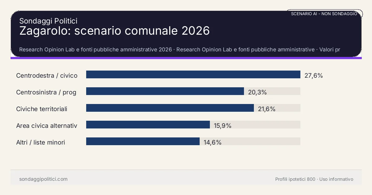 NON È UN SONDAGGIO Research Opinion Lab e fonti pubbliche amministrative 2026 Valori prodotti dal Research Opinion Lab e da leggere come scenario editoriale.: Zagarolo: scenario comunale 2026. Risultati: Centrodestra / civico moderato 27,6%, Centrosinistra / progressista 20,3%, Civiche territoriali 21,6%. Scenario AI non demoscopico: non misura intenzioni di voto.