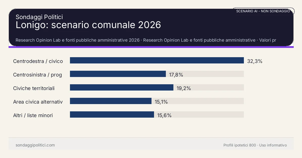 NON È UN SONDAGGIO Research Opinion Lab e fonti pubbliche amministrative 2026 Valori prodotti dal Research Opinion Lab e da leggere come scenario editoriale.: Lonigo: scenario comunale 2026. Risultati: Centrodestra / civico moderato 32,3%, Centrosinistra / progressista 17,8%, Civiche territoriali 19,2%. Scenario AI non demoscopico: non è un sondaggio, non misura intenzioni di voto, non deriva da interviste o campioni rappresentativi e non è una previsione elettorale.
