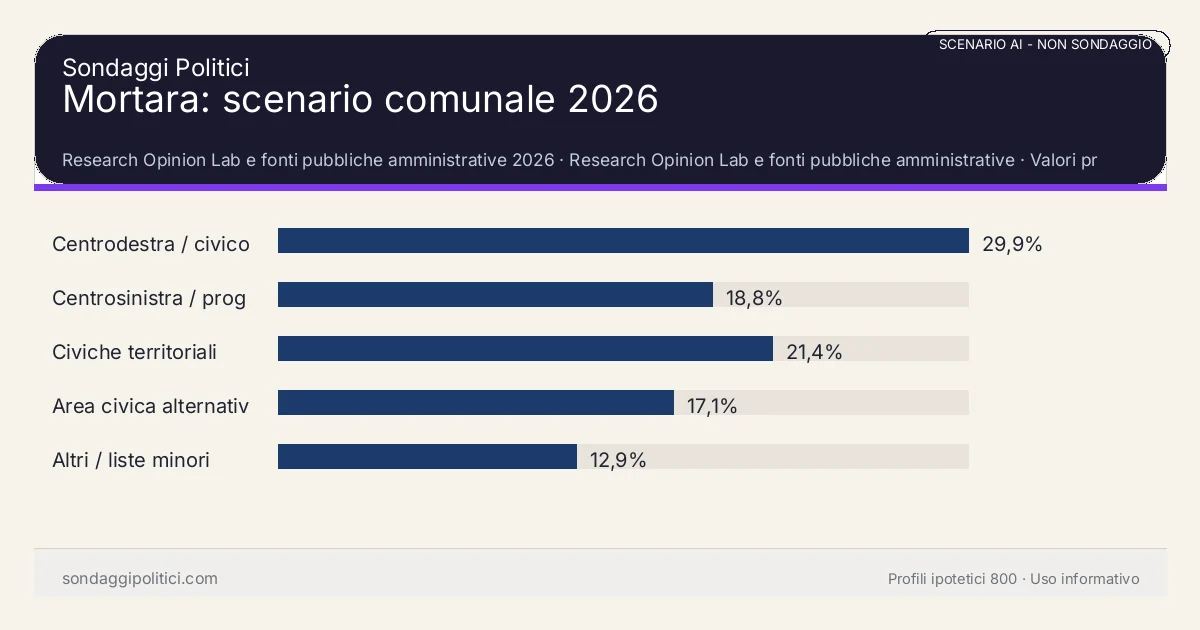 NON È UN SONDAGGIO Research Opinion Lab e fonti pubbliche amministrative 2026 Valori prodotti dal Research Opinion Lab e da leggere come scenario editoriale.: Mortara: scenario comunale 2026. Risultati: Centrodestra / civico moderato 29,9%, Centrosinistra / progressista 18,8%, Civiche territoriali 21,4%. Scenario AI non demoscopico: non è un sondaggio, non misura intenzioni di voto, non deriva da interviste o campioni rappresentativi e non è una previsione elettorale.