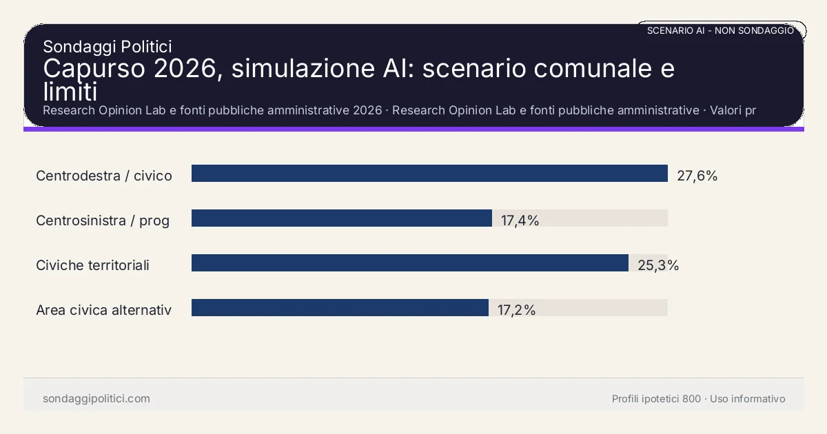 NON È UN SONDAGGIO Research Opinion Lab e fonti pubbliche amministrative 2026 Valori prodotti dal Research Opinion Lab e da leggere come scenario editoriale.: Capurso 2026, simulazione AI: scenario comunale e limiti. Risultati: Centrodestra / civico moderato 27,6%, Centrosinistra / progressista 17,4%, Civiche territoriali 25,3%. Scenario AI non demoscopico basato su fonti pubbliche e revisione umana; non è un sondaggio, non misura intenzioni di voto reali e non è una previsione elettorale.