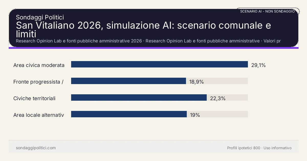 NON È UN SONDAGGIO Research Opinion Lab e fonti pubbliche amministrative 2026 Valori prodotti dal Research Opinion Lab e da leggere come scenario editoriale.: San Vitaliano 2026, simulazione AI: scenario comunale e limiti. Risultati: Area civica moderata 29,1%, Fronte progressista / civico 18,9%, Civiche territoriali 22,3%. Scenario AI non demoscopico basato su fonti pubbliche e revisione umana; non è un sondaggio, non misura intenzioni di voto reali e non è una previsione elettorale.