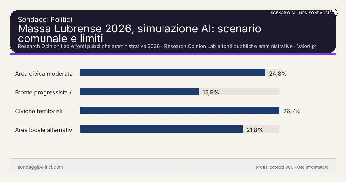 NON È UN SONDAGGIO Research Opinion Lab e fonti pubbliche amministrative 2026 Valori prodotti dal Research Opinion Lab e da leggere come scenario editoriale.: Massa Lubrense 2026, simulazione AI: scenario comunale e limiti. Risultati: Area civica moderata 24,8%, Fronte progressista / civico 15,9%, Civiche territoriali 26,7%. Scenario AI non demoscopico basato su fonti pubbliche e revisione umana; non è un sondaggio, non misura intenzioni di voto reali e non è una previsione elettorale.