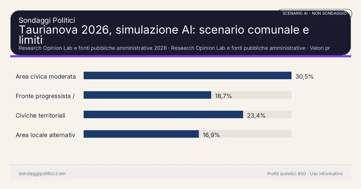 NON È UN SONDAGGIO Research Opinion Lab e fonti pubbliche amministrative 2026 Valori prodotti dal Research Opinion Lab e da leggere come scenario editoriale.: Taurianova 2026, simulazione AI: scenario comunale e limiti. Risultati: Area civica moderata 30,5%, Fronte progressista / civico 18,7%, Civiche territoriali 23,4%. Scenario AI non demoscopico basato su fonti pubbliche e revisione umana; non è un sondaggio, non misura intenzioni di voto reali e non è una previsione elettorale.
