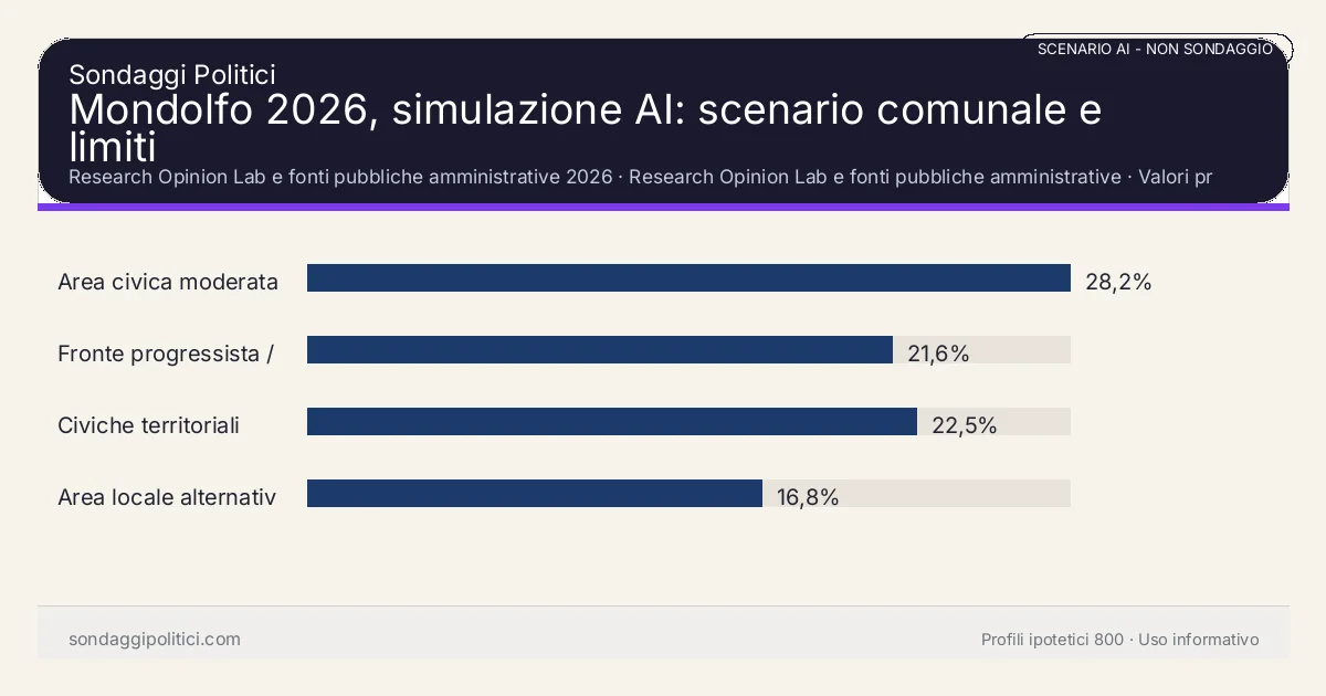 NON È UN SONDAGGIO Research Opinion Lab e fonti pubbliche amministrative 2026 Valori prodotti dal Research Opinion Lab e da leggere come scenario editoriale.: Mondolfo 2026, simulazione AI: scenario comunale e limiti. Risultati: Area civica moderata 28,2%, Fronte progressista / civico 21,6%, Civiche territoriali 22,5%. Scenario AI non demoscopico basato su fonti pubbliche e revisione umana; non è un sondaggio, non misura intenzioni di voto reali e non è una previsione elettorale.